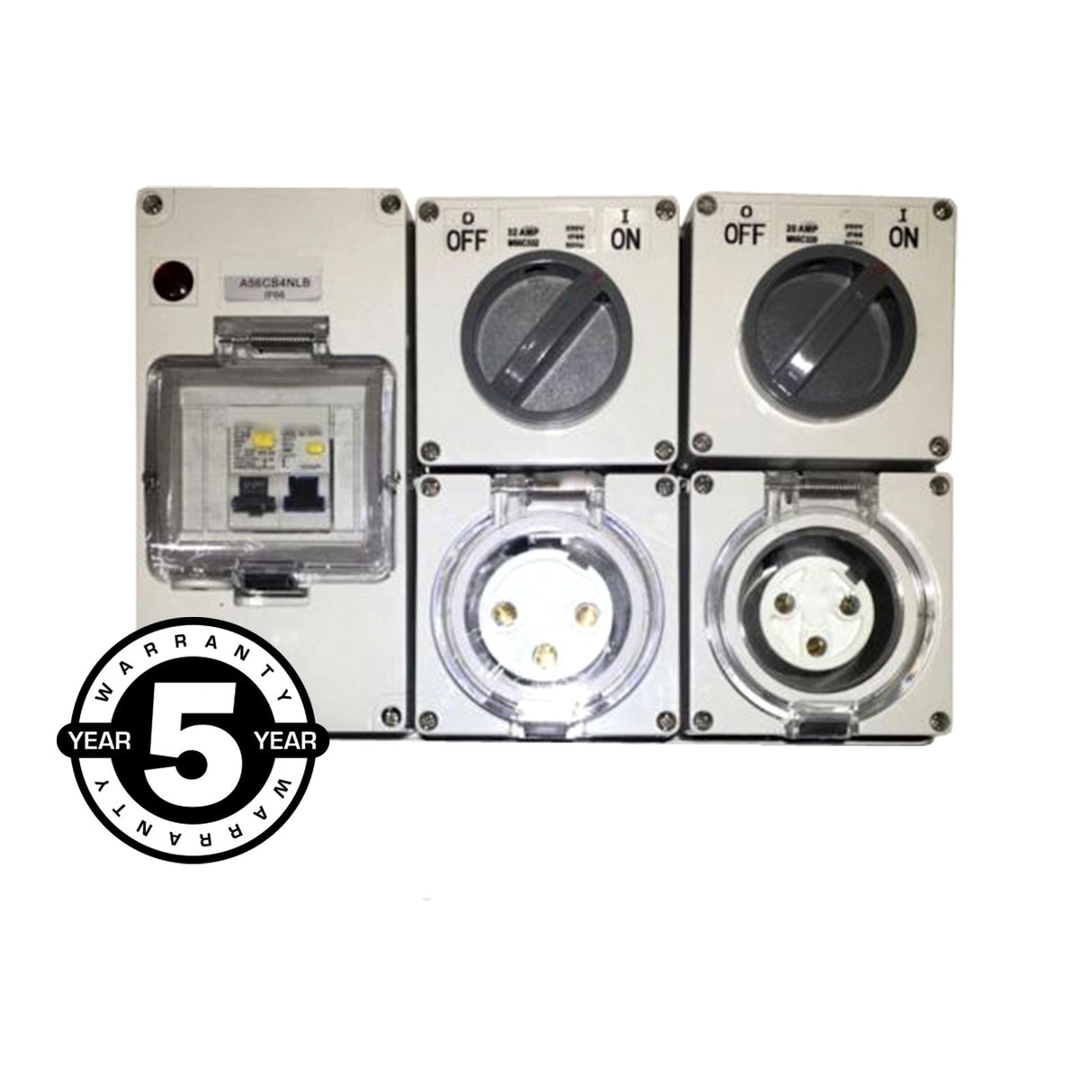 RCD RCBO Protected Outlet 1x 32A and 1x  20 Amp 3 Round Pin Switched Socket IP66