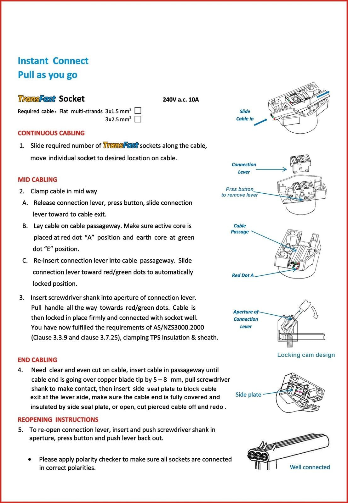 FAST CONNECT Surface Sockets Plug Base Electrical Outlets for 2.5mm Cable